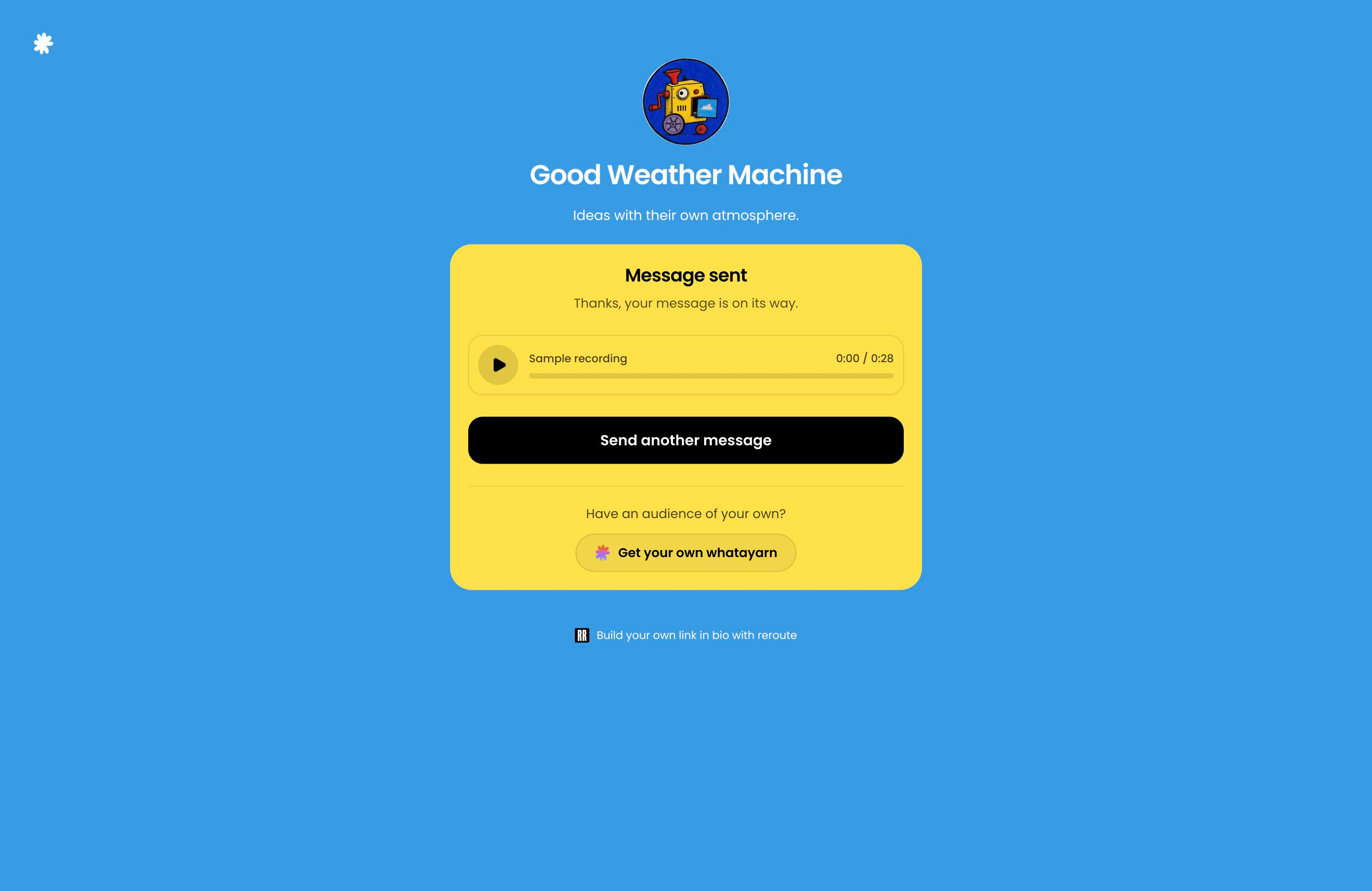 Good Weather Machine's Message sent confirmation with sample audio playback and Send another message