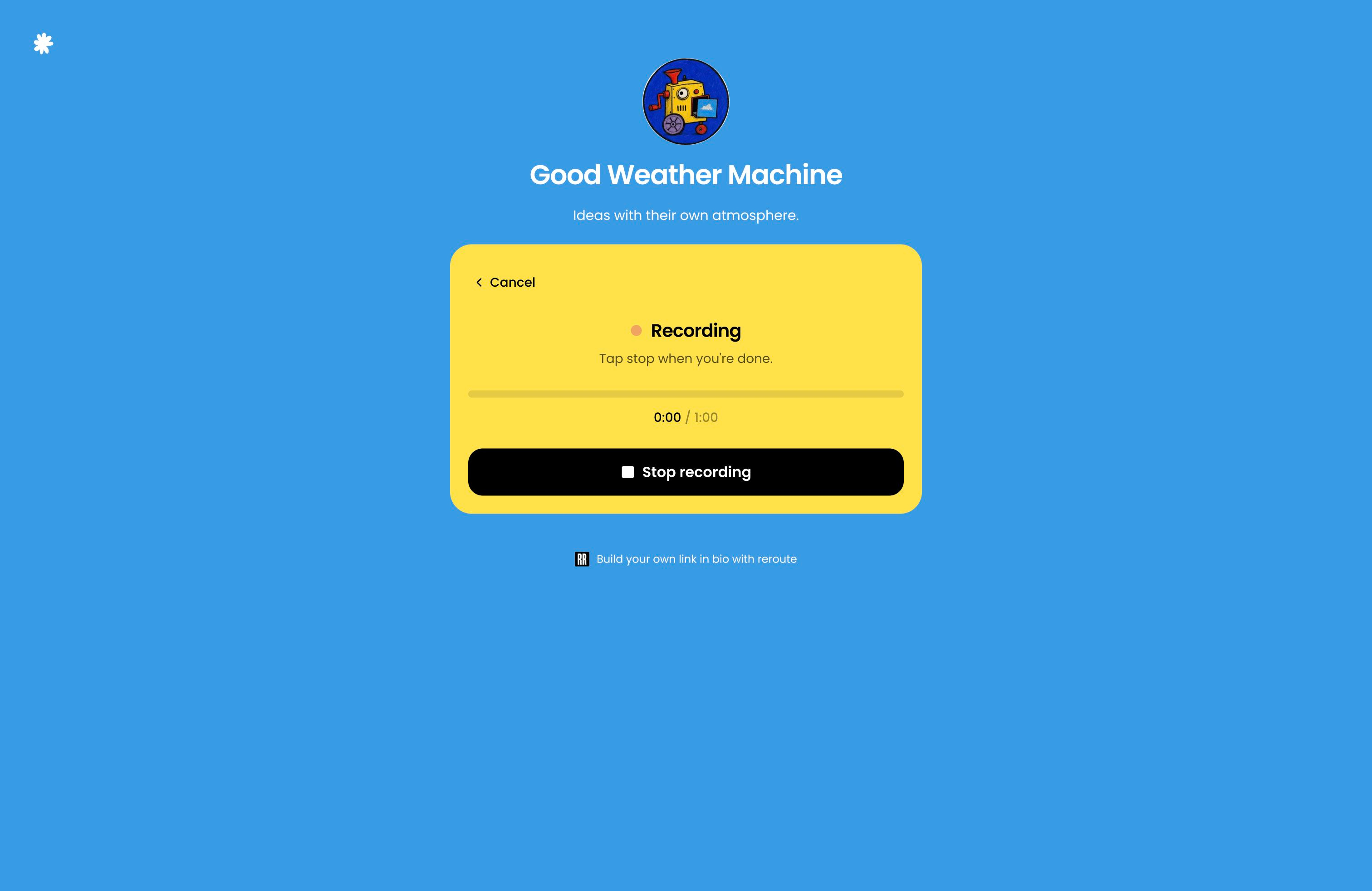 Good Weather Machine's public recording screen, showing the timer and Stop recording control