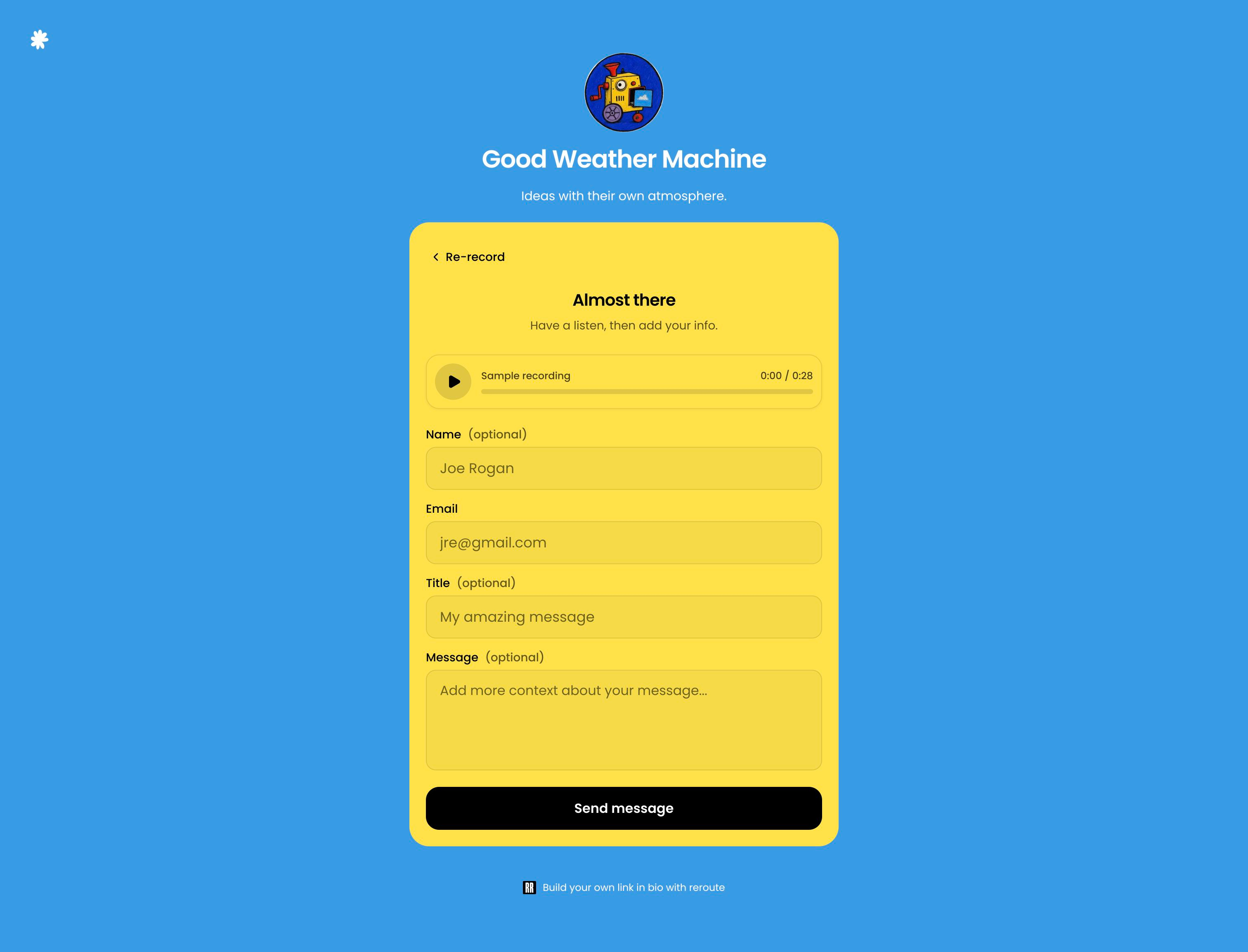 Good Weather Machine's review screen with sample audio, Name, Email, Title, Message, and the Send message button