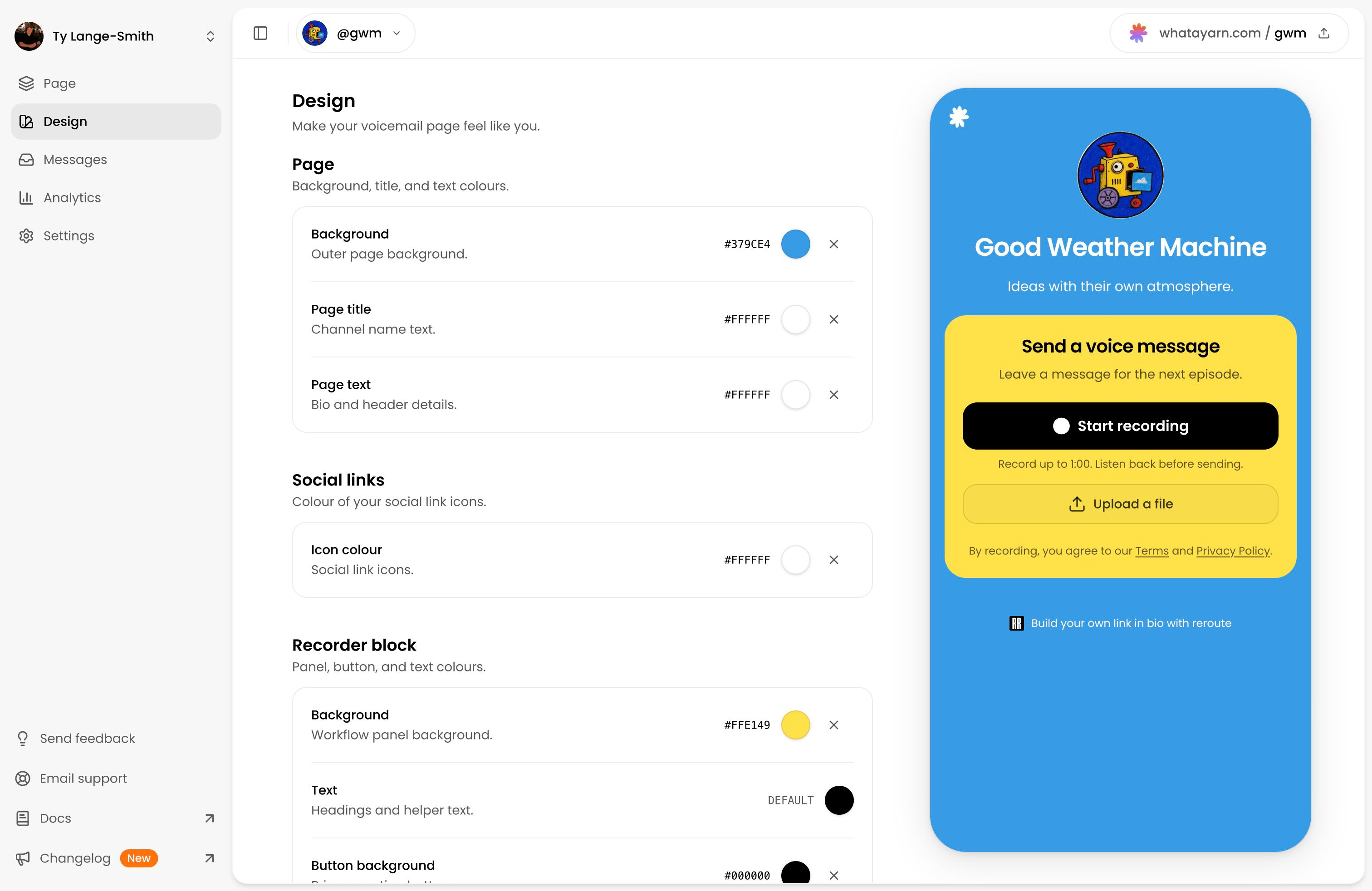 The Good Weather Machine Design screen with page, social-link, and recorder colour controls beside the blue and yellow listener preview