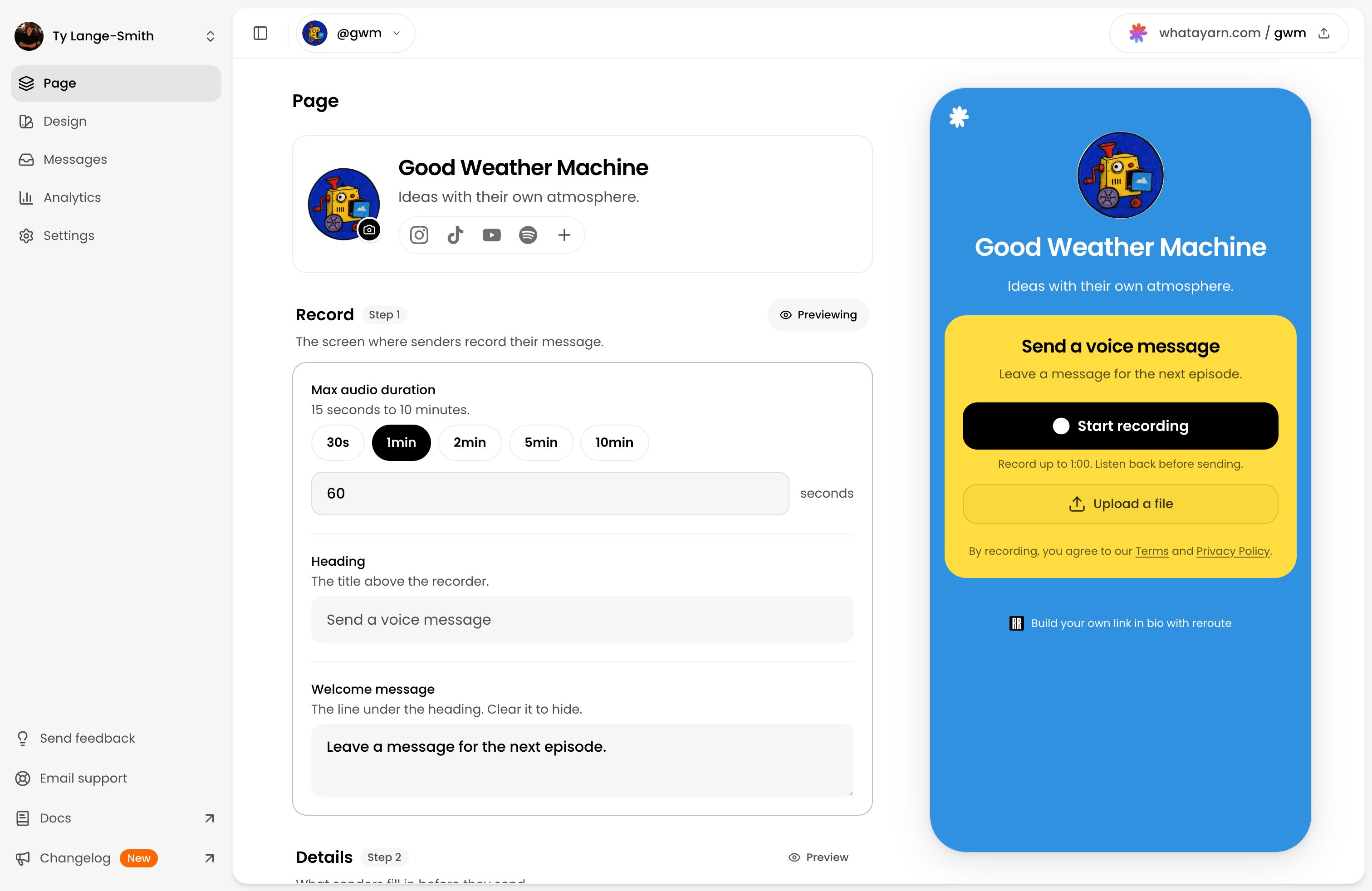 The Good Weather Machine page editor showing the recording duration set to one minute, Heading and Welcome message controls, and the matching listener preview