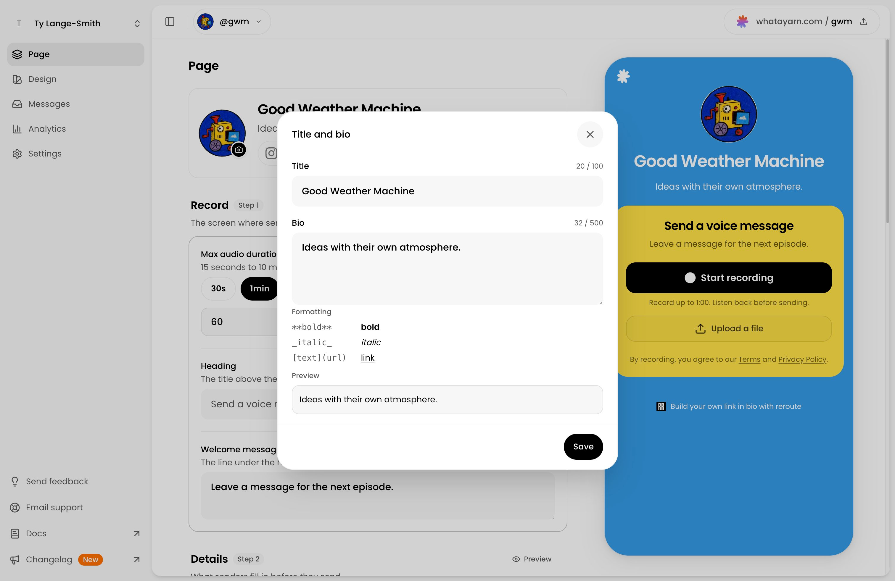 The Title and bio editor for Good Weather Machine, with Title and Bio fields, formatting examples, a bio preview, and Save